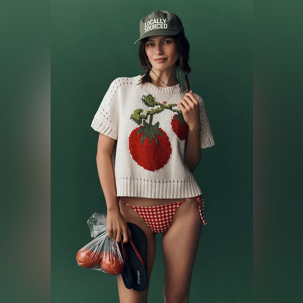 Anthropologie Maeve Short-Sleeve Veggie Tomato Motif Sweater (Size XSP) - NWT
